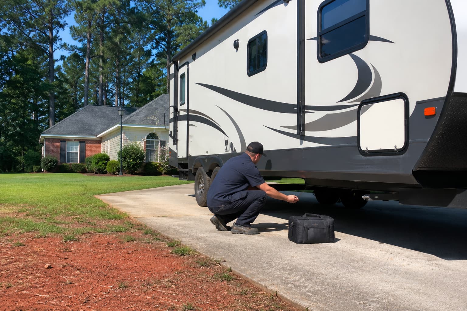 On-Site RV Repair Service Columbia South Carolina On-site RV mechanic in Columbia SC repairing a travel trailer near Lake Murray